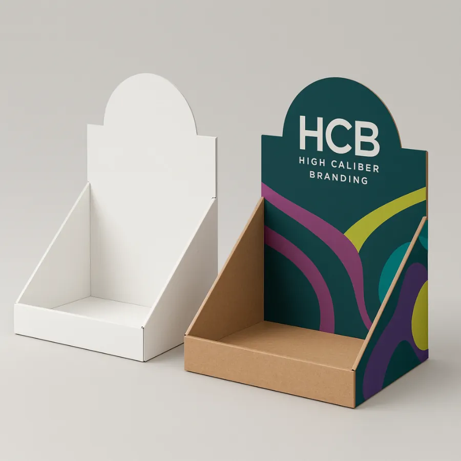 White and custom-printed Kraft display boxes with a wavy pattern and UK branding- class=